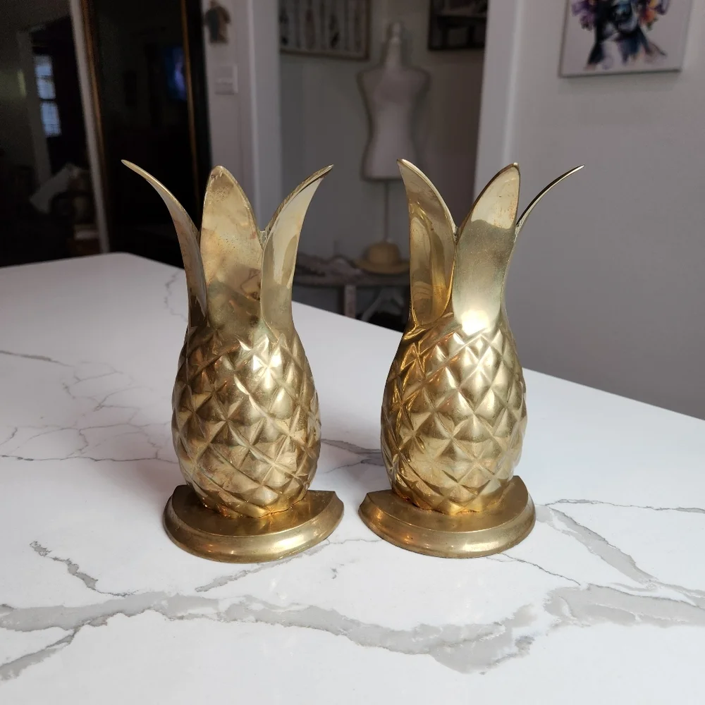 Vintage Brass Pineapple Bookends, Set Of 2, Mid Century, Fruit - Picture 2 of 6